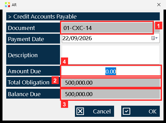 The payment window opens already showing the account data: «Document» (01-CXC-14), «Total Obligation» (500,000.00), «Balance Due» (500,000.00) and the «Payment Date» (22/09/2026).