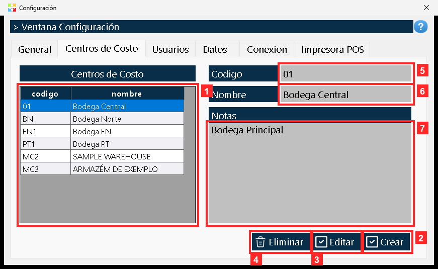 Al abrir «Config» aparece la ventana de configuración; elija la ficha «Centros de Costo».