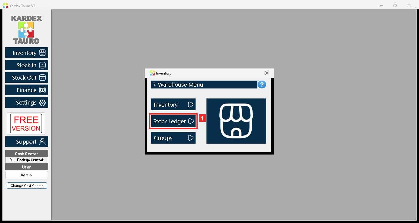 Pressing «Inventory» opens the module menu with «Inventory», «Stock Ledger» and «Groups». «Stock Ledger» is where each product's stock movements are checked and recorded.