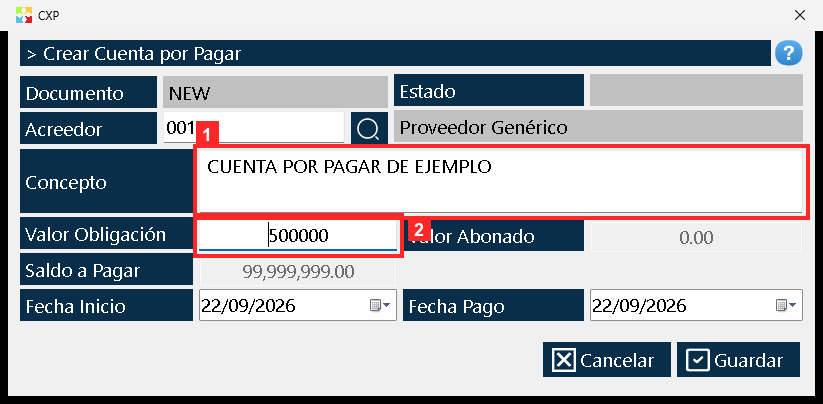 Debajo van «Concepto» (para qué es la cuenta) y «Valor Obligación», el importe que se debe.