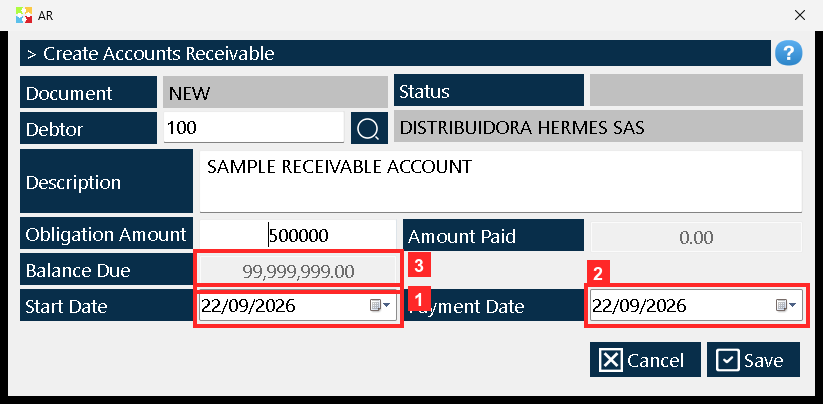 «Start Date» is the account date and «Payment Date» the expected payment date; the program proposes today for both (22/09/2026 and 22/09/2026).