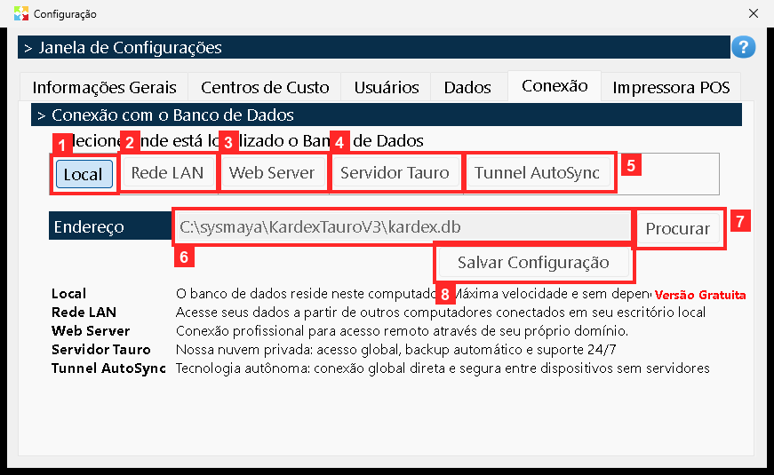 Aqui se decide onde fica o banco de dados. As opções são «Local» (neste computador, o mais rápido), «Rede LAN» (na rede local), «Web Server», «Servidor Tauro» e «Tunnel AutoSync».
