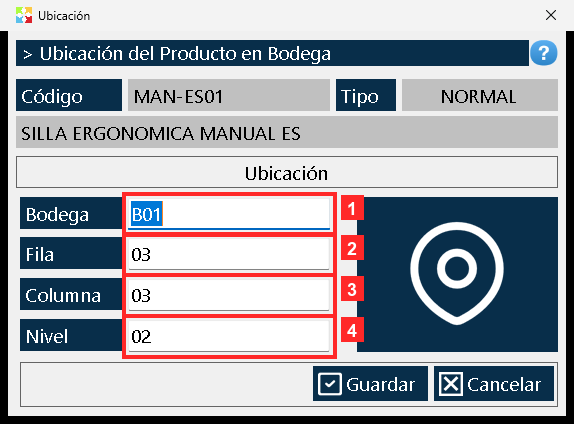 Para comprobarla, vuelva a pulsar «Ubicación» con el producto seleccionado: la ventana se abre con los datos guardados («Bodega» = B01, «Fila» = 03, «Columna» = 03 y «Nivel» = 02).