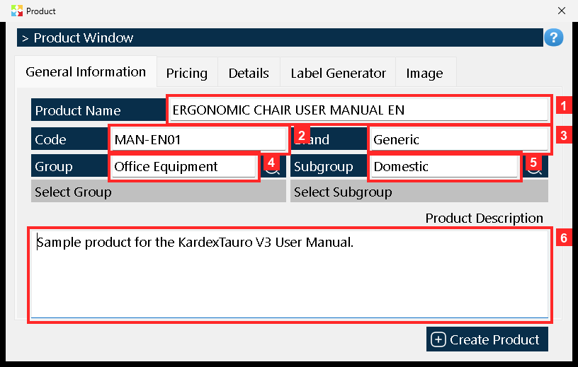 This is how the «General Information» tab looks with the sample product data: «Product Name» = ERGONOMIC CHAIR USER MANUAL EN; «Code» = MAN-EN01; «Brand» = Generic; «Group» =…