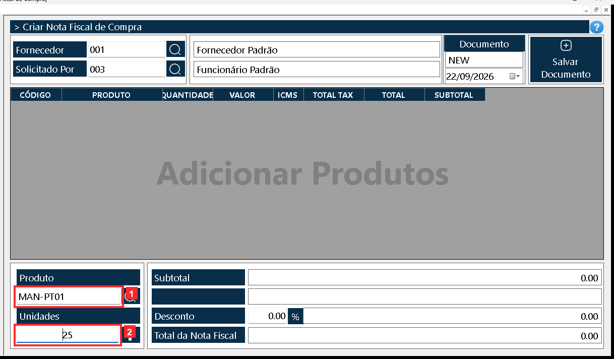 No corpo do documento monta-se a lista do que se compra: «Produto» é o código do produto e «Unidades» a quantidade pedida. Ao lado está o botão que adiciona a linha à grade.