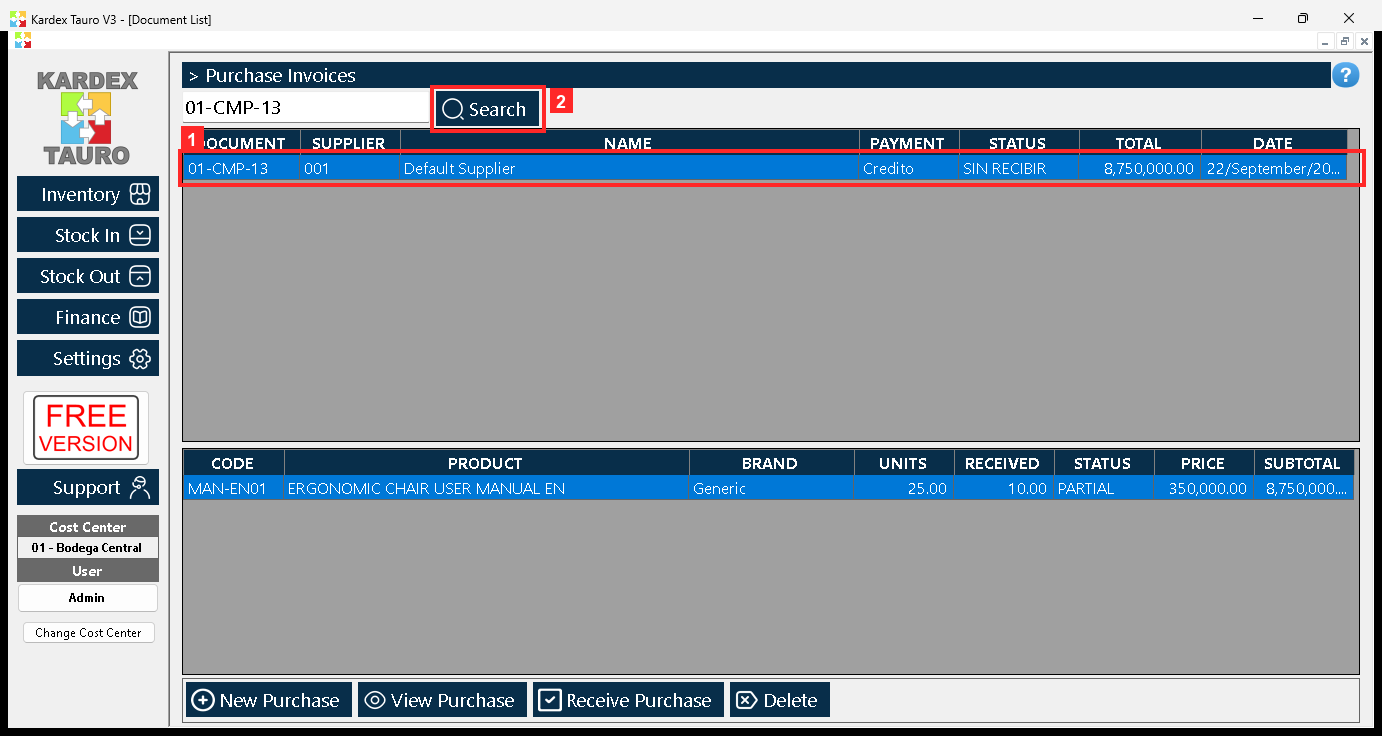 After receiving 10 of 25 units the order changes status: it now reads PARTIAL, and the stock of the product grows by exactly what was received.