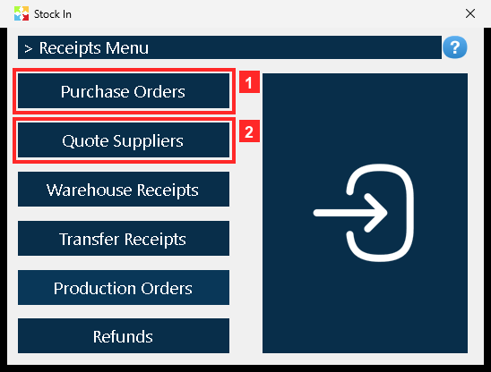 Pressing «Stock In» opens the menu of stock-in operations. The first option, «Purchase Orders», is the one used here; the others are different stock-in documents.