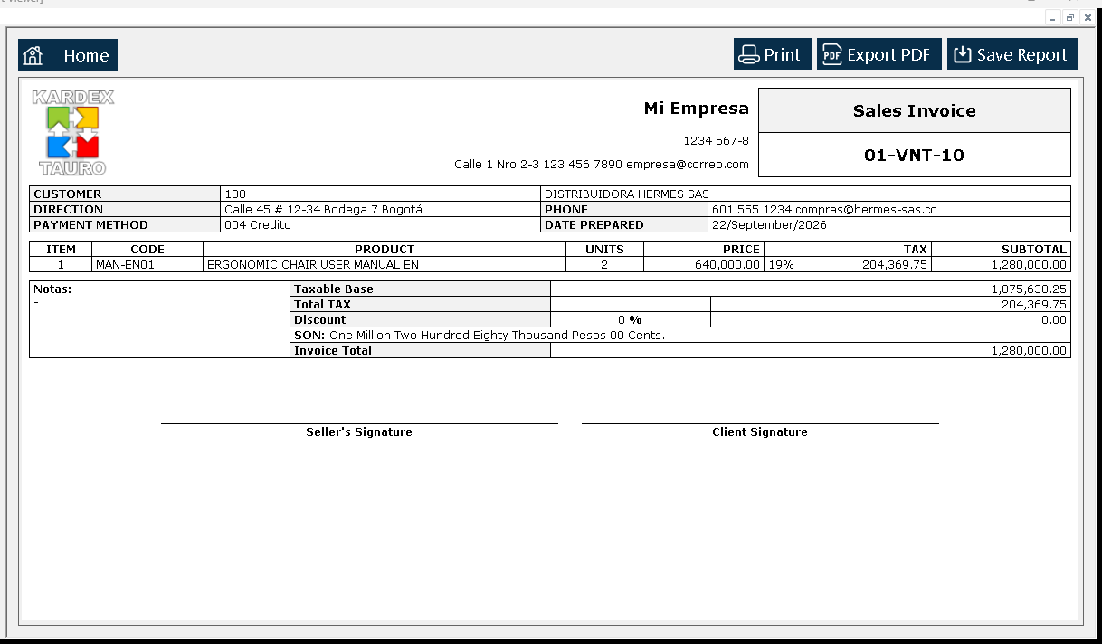 The «Report Viewer» opens with the invoice exactly as it would be printed: header, buyer, the sold line, the taxable base, the tax and the total.