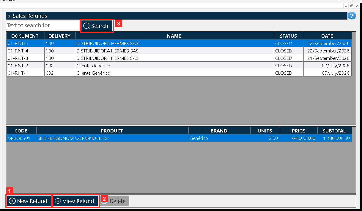 «Document List» opens. The master grid on top lists every document with its reference, the partner, the STATUS (CLOSED); the first row reads: (01-RNT-5 | 100 | DISTRIBUIDORA…