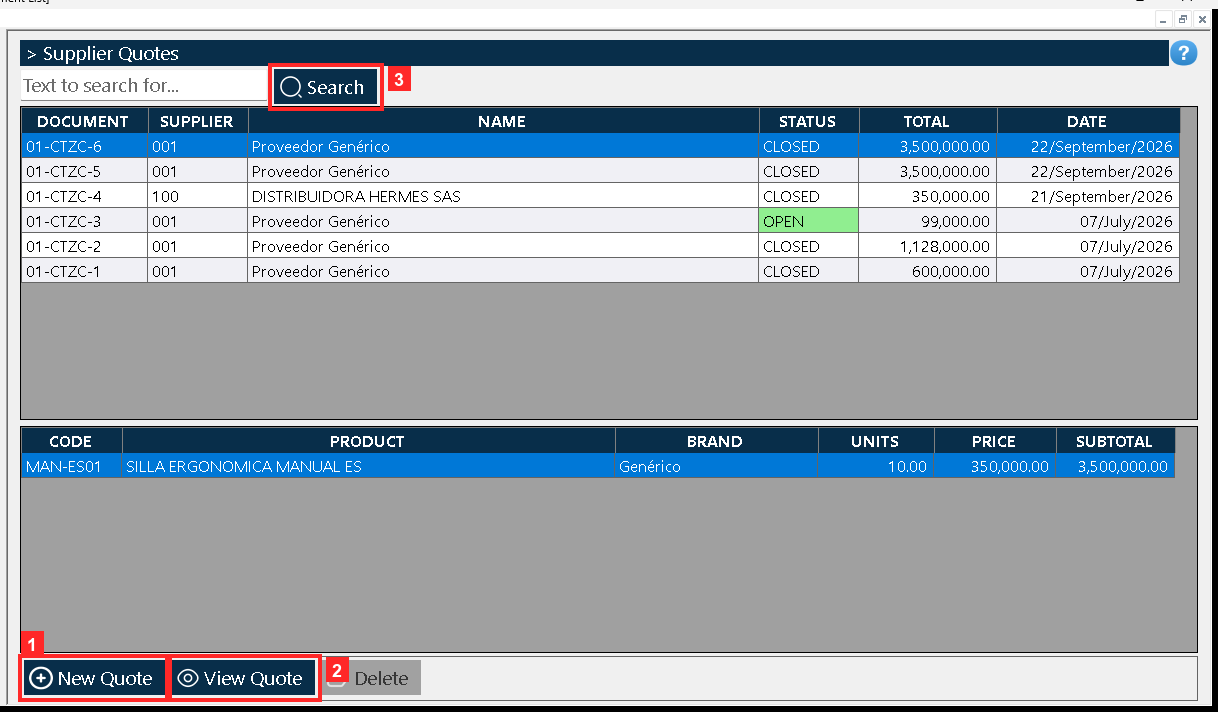«Document List» opens: every row is a quote with its reference, the supplier, the STATUS (open or closed) and the total.