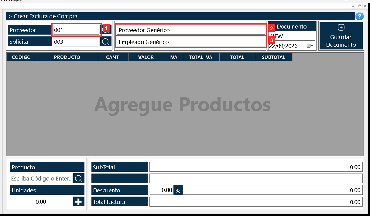 Se abre el documento «Factura de Compra». En la cabecera, «Proveedor» trae el proveedor por defecto (001 — Proveedor Genérico) y «Solicita» el empleado que solicita (Empleado…
