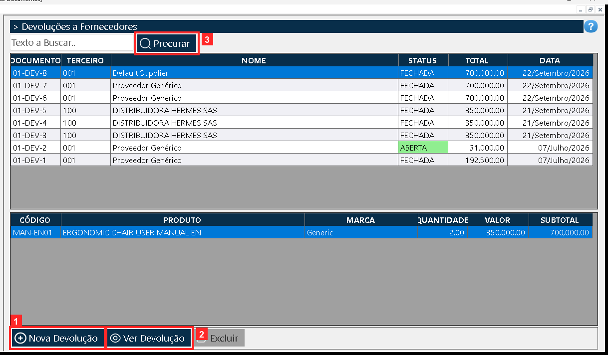 Abre-se «Lista de Documentos». Em cima a grade mestre lista cada documento com a referência, o fornecedor, o STATUS (FECHADA) e o total (01-DEV-8 | 001 | Default Supplier |…