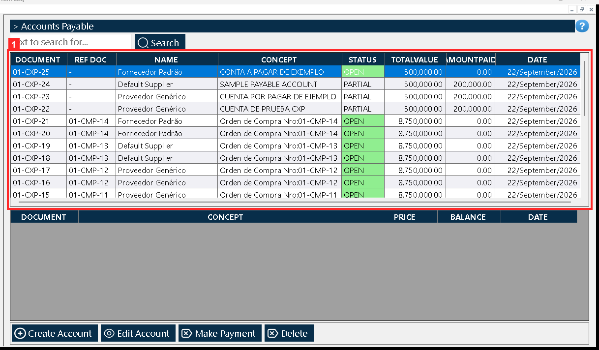 The account is now «01-CXP-24» with status PARTIAL, 200000.0 paid out of 500,000.00 (balance 300000.00) and the cash box kept the movement «01-CEG-1 · Abono a CXP.