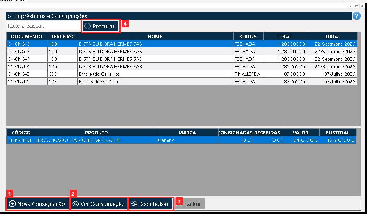 Abre-se «Lista de Documentos». Em cima a grade mestre lista cada documento com a referência, o consignatário, o STATUS (FECHADA) e o total (01-CNG-6 | 100 | DISTRIBUIDORA HERMES…