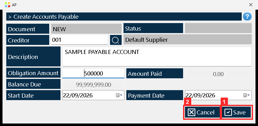The document is saved with «Save». Unlike the warehouse documents, there is no finish dialog here: when you save, the account is registered and the document closes by itself.