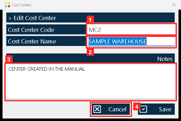 To finish, select the center and press «Edit»: it opens with the data as stored —«Cost Center Code» MC2, «Cost Center Name» «SAMPLE WAREHOUSE» and «Notes» «CENTER CREATED IN THE…