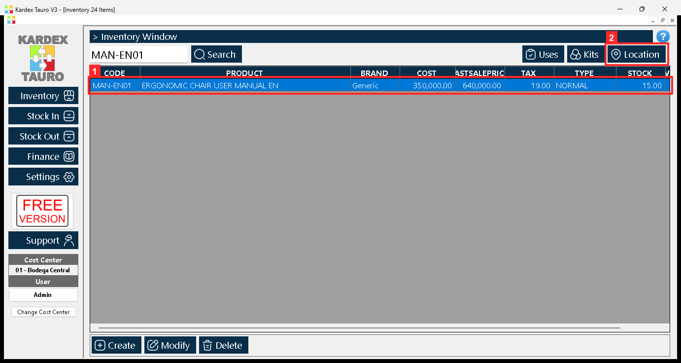 Select the row of the product: the actions in the bottom bar and the buttons at the top right («Uses», «Kits» and «Location») act on the selected product.