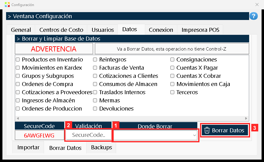 La segunda pestaña es «Borrar Datos»: con «Donde Borrar» se elige de dónde borrar, en «Validación» se escribe el código que el programa pide y «Borrar Datos» ejecuta el borrado.