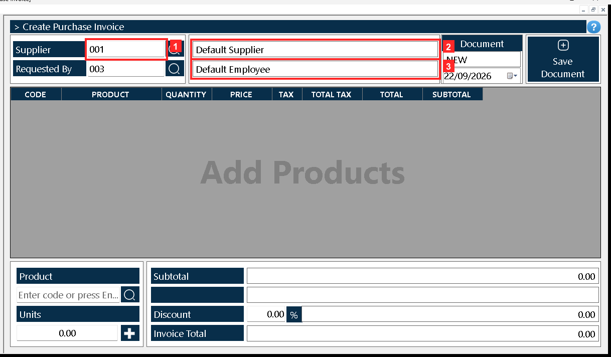 The document «Purchase Invoice» opens. In the header, «Supplier» comes with the default supplier (001 — Default Supplier) and «Requested By» with the employee who requests it…