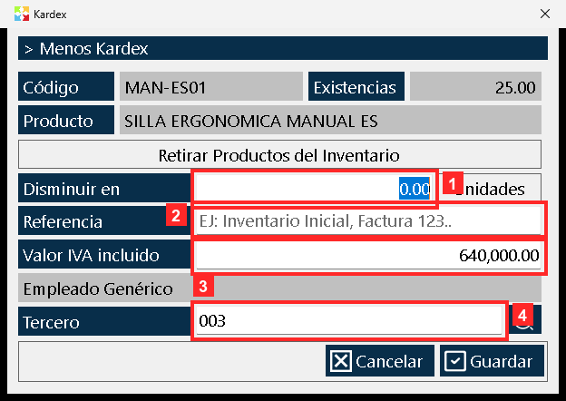 Se abre el formulario «Kardex», igual al de las entradas. Arriba se confirman el «Código» (MAN-ES01), el «Producto» y las «Existencias» actuales.