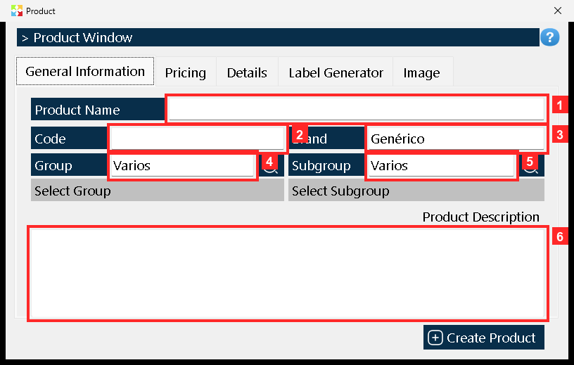 The «Product» window opens with five tabs: «General Information», «Pricing», «Details», «Label Generator» and «Image».