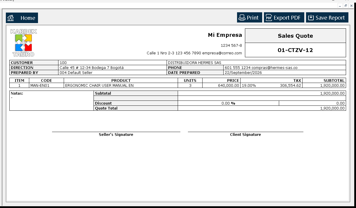 The «Report Viewer» opens with the quote exactly as it would be printed: header, customer, the quoted line and the totals. Its top bar offers «Print, Export PDF, Save Report».