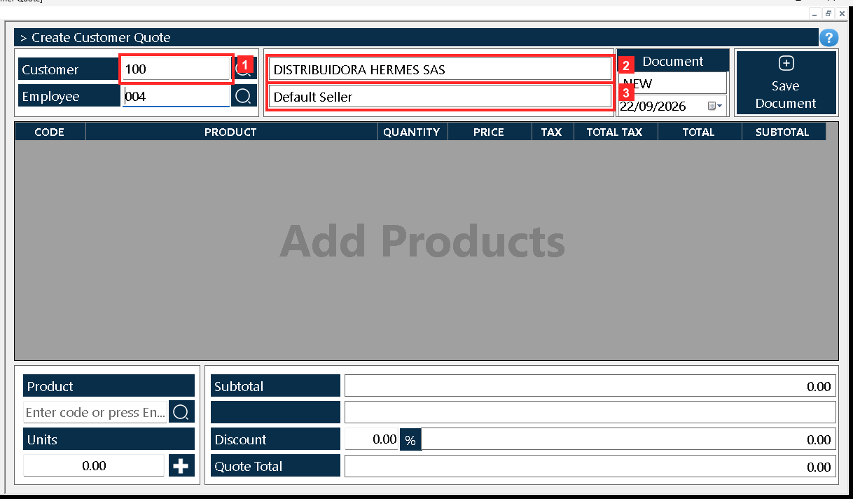 The document «Customer Quote» opens. In the header, «Customer» is the customer (100 — DISTRIBUIDORA HERMES SAS) and «Employee» the employee who quotes it (Default Seller).