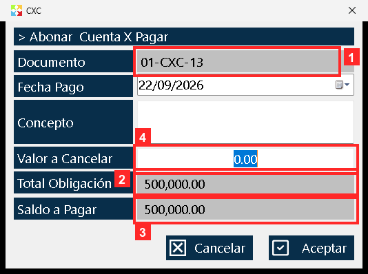 Se abre la ventana del abono, que ya trae los datos de la cuenta: «Documento» (01-CXC-13), «Total Obligación» (500,000.00), «Saldo a Pagar» (500,000.00) y la «Fecha Pago»…