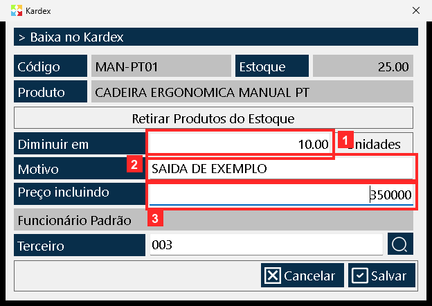 Assim fica o formulário com os dados do exemplo: «Diminuir em» = 10 unidades, «Motivo» = SAIDA DE EXEMPLO e «Preço incluindo ICMS» = 350000 (preço unitário com ICMS incluído).