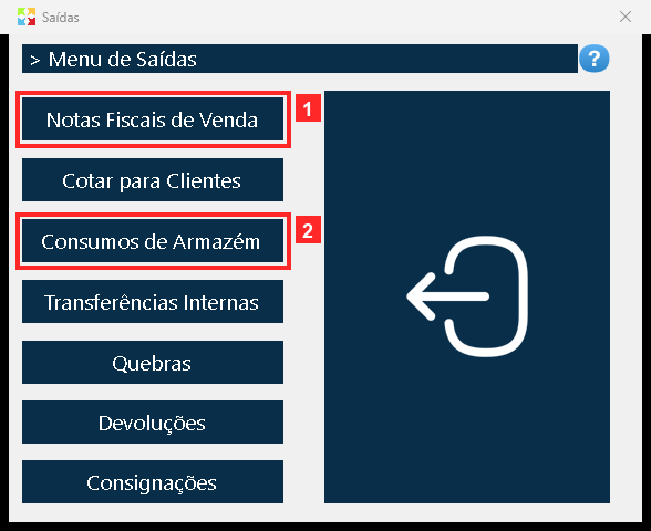 Ao pressionar «Saídas» abre-se o menu de operações de saída. «Notas Fiscais de Venda» é a opção das notas fiscais de venda; as outras são documentos de saída diferentes.