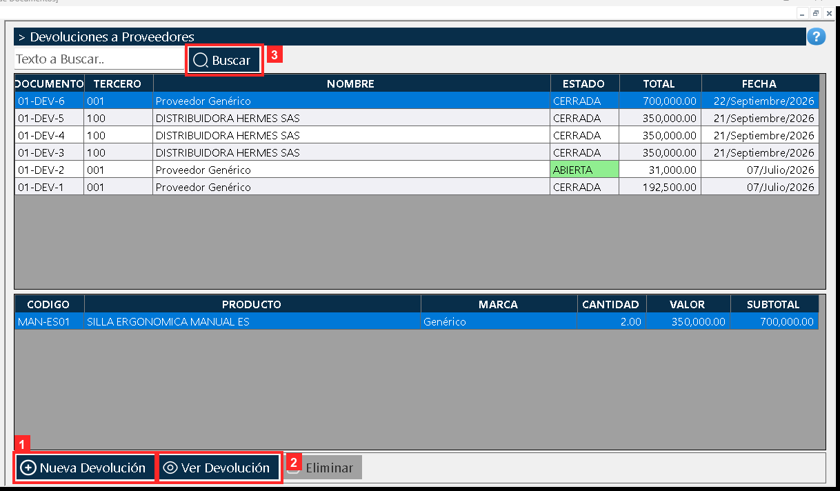 Se abre «Lista de Documentos». Arriba la cuadrícula maestra lista cada documento con la referencia, el proveedor, el ESTADO (CERRADA) y el total (01-DEV-6 | 001 | Proveedor…