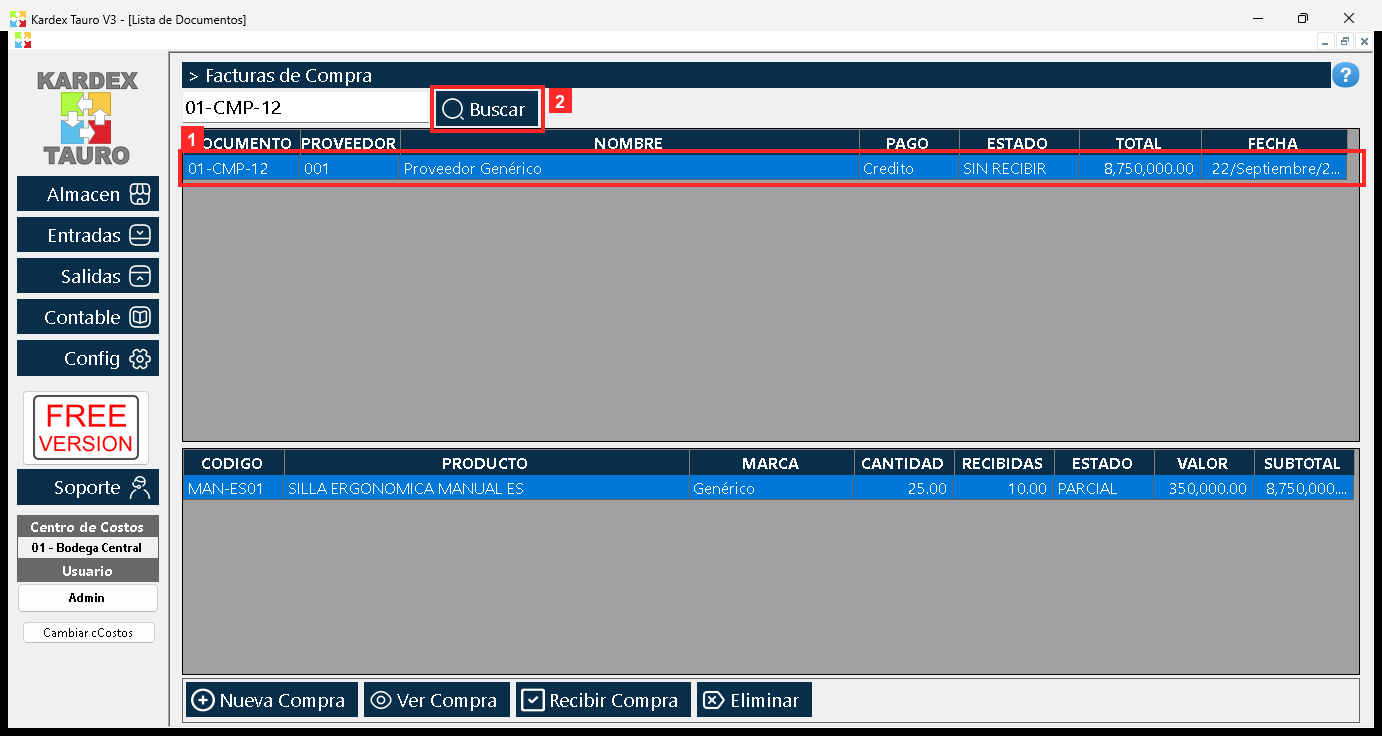 Tras recibir 10 de 25 unidades, la orden cambia de estado: ahora dice PARCIAL, y las existencias del producto suben exactamente lo recibido.