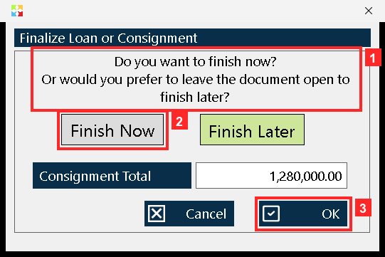 When you press «Save Document» the program asks to finish the consignment: it asks «Do you want to finish now?