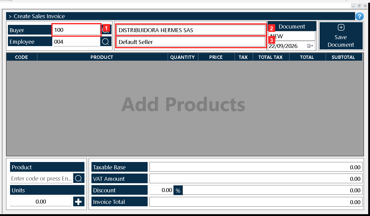 The document «Sales Invoice» opens. In the header, «Buyer» is the customer (100 — DISTRIBUIDORA HERMES SAS) and «Employee» the employee who sells (Default Seller).