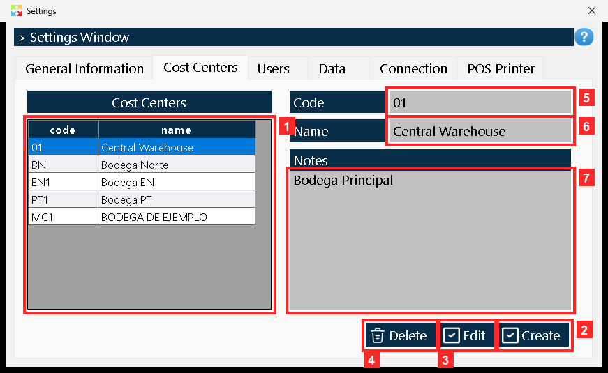 Opening «Settings» shows the settings window; pick the «Cost Centers» tab.