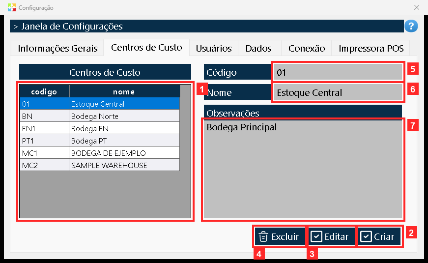 Ao abrir «Ajustes» aparece a janela de configuração; escolha a aba «Centros de Custo».