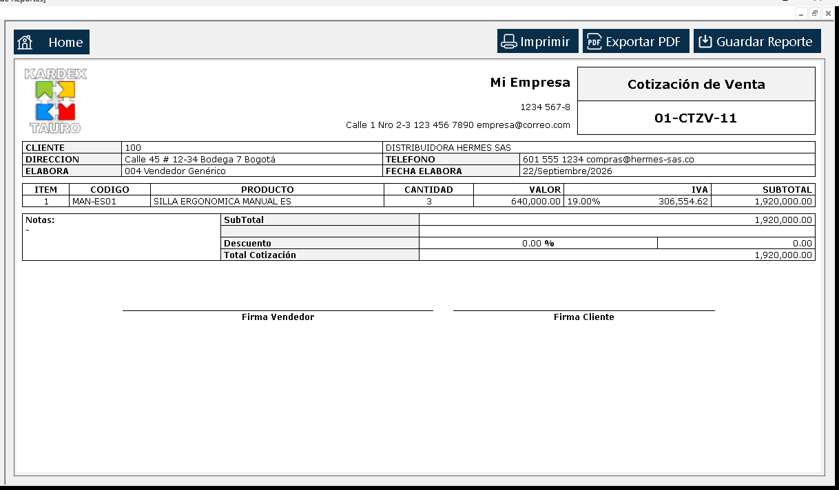 Se abre el «Visor de Reportes» con la cotización tal como saldría impresa: encabezado, cliente, la línea cotizada y los totales.