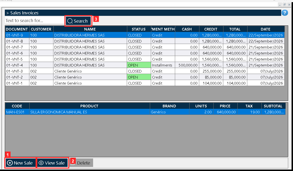 «Document List» opens: every row is a sale with its number, the customer, the status and the total. The search box is on top and the buttons act on the selected row.