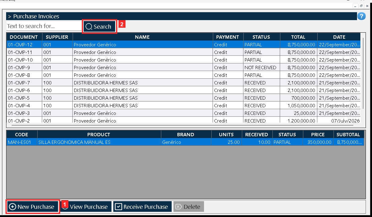 «Document List» opens: every row is a purchase order with its reference, the supplier, the payment term, the STATUS and the total.