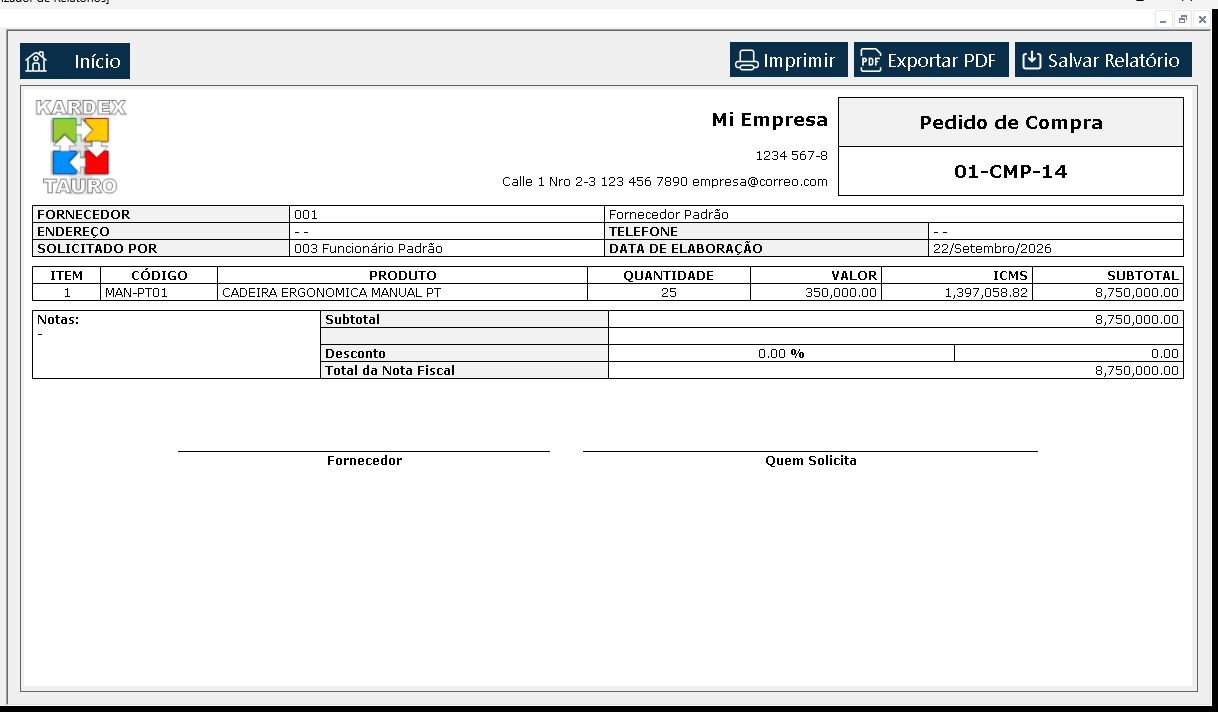 Abre-se a «Visualizador de Relatórios» com o documento tal como sairia impresso: cabeçalho, fornecedor, a linha comprada e os totais.