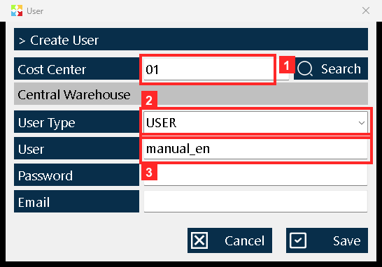 The window to create the user opens. First comes «Cost Center» (the cost center or warehouse where it will work —in the example 01—; «Search» looks it up in the list), «Type» (the…