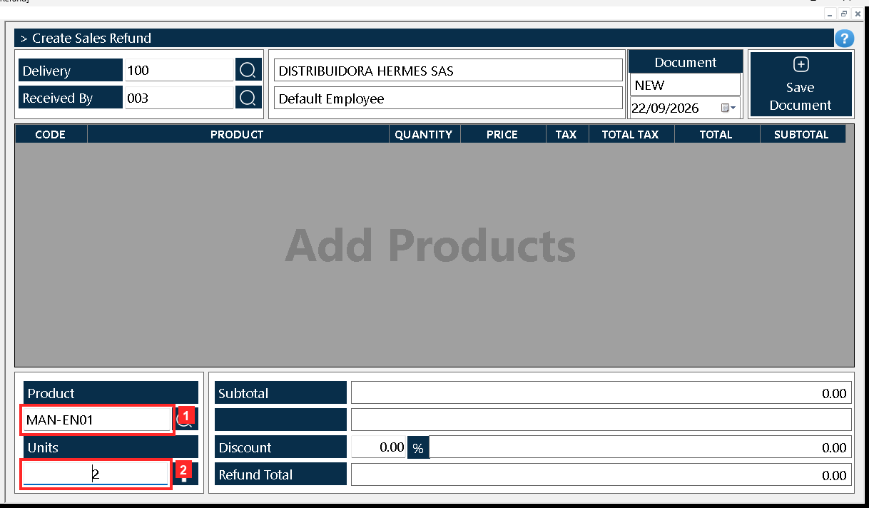 The body of the document holds what goes back to the warehouse: «Product» is the product code and «Units» the quantity the customer returns.