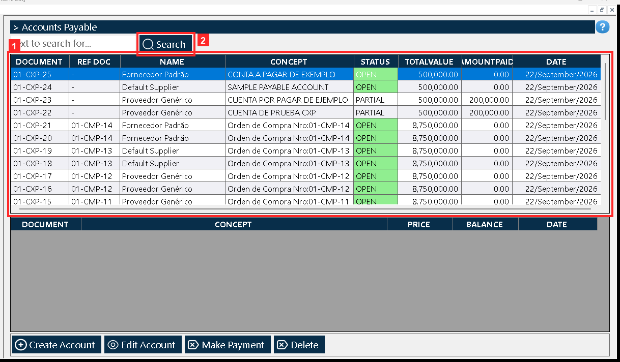 «Document List» opens. Every row is an account with its reference, the partner, the description, the STATUS, the total, the amount paid and the date.