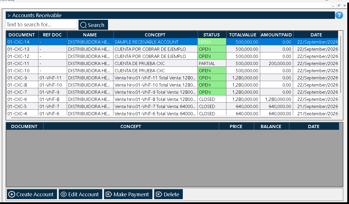 Once saved, the account appears in the list as «01-CXC-14» with status OPEN, the total 500000.0 and no payments yet (0.0).