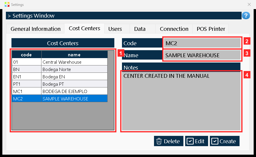 The window closes and the new center shows in the grid with its row (MC2 | SAMPLE WAREHOUSE).