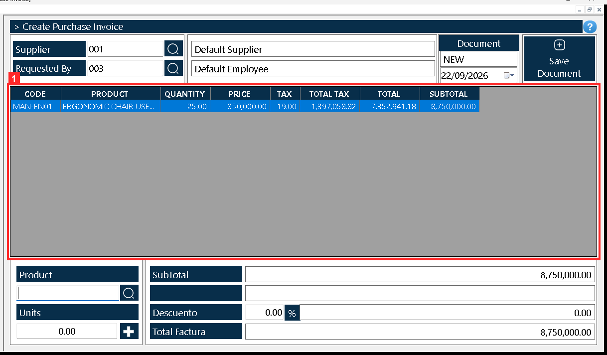 The grid shows the line with the product, the units, the unit price, the tax and the total. «Total Factura» summarises the value of the order.