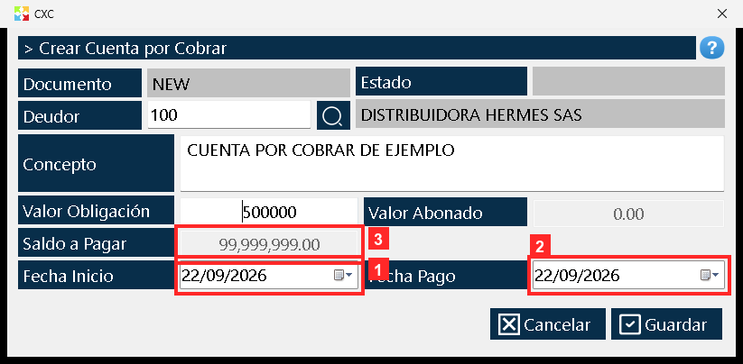 «Fecha Inicio» es la fecha de la cuenta y «Fecha Pago» la fecha prevista de pago; el programa las propone con la fecha de hoy (22/09/2026 y 22/09/2026).