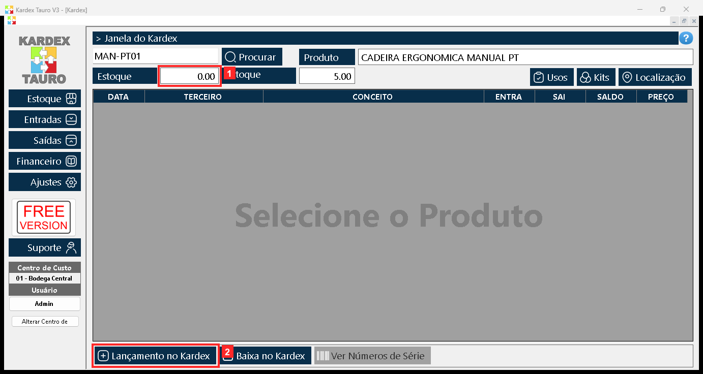 Ao procurá-lo, o programa carrega o produto: à direita do campo de busca aparece «Produto» com seu nome, e embaixo «Estoque» (0.00) junto ao seu «Estoque Mínimo».
