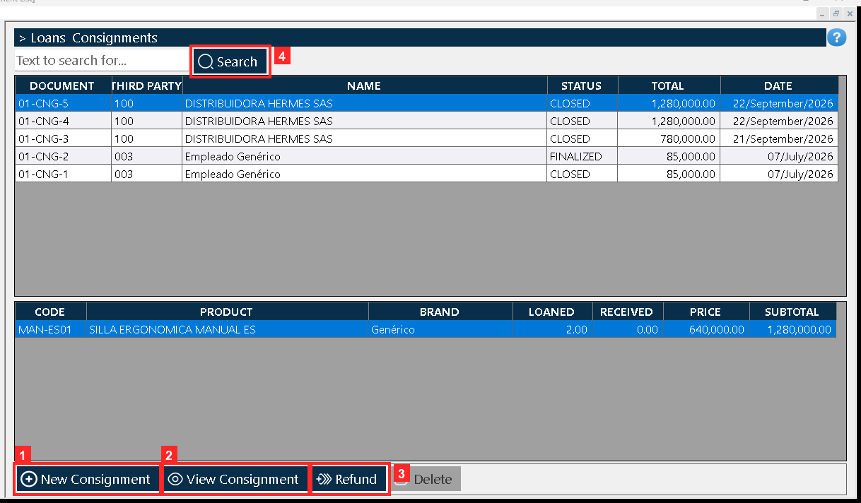 «Document List» opens. The master grid on top lists every document with its reference, the consignee, the STATUS (CLOSED) and the total (01-CNG-5 | 100 | DISTRIBUIDORA HERMES SAS…