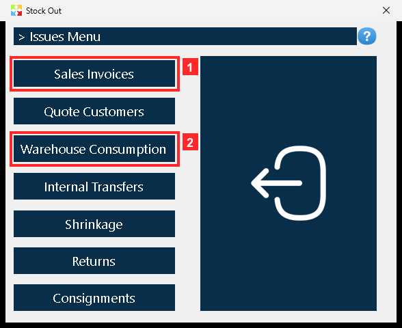 Pressing «Stock Out» opens the menu of stock-out operations. «Sales Invoices» is the sales invoice option; the others are different stock-out documents.